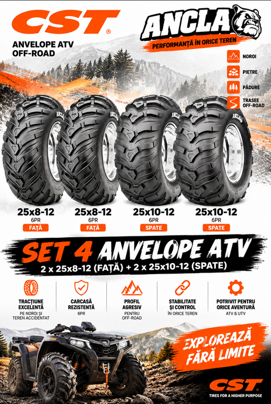 Set 4 Anvelope ATV CST Ancla 25x8-12 + 25x10-12 6PR - Față + Spate, set 4 cauciucuri atv