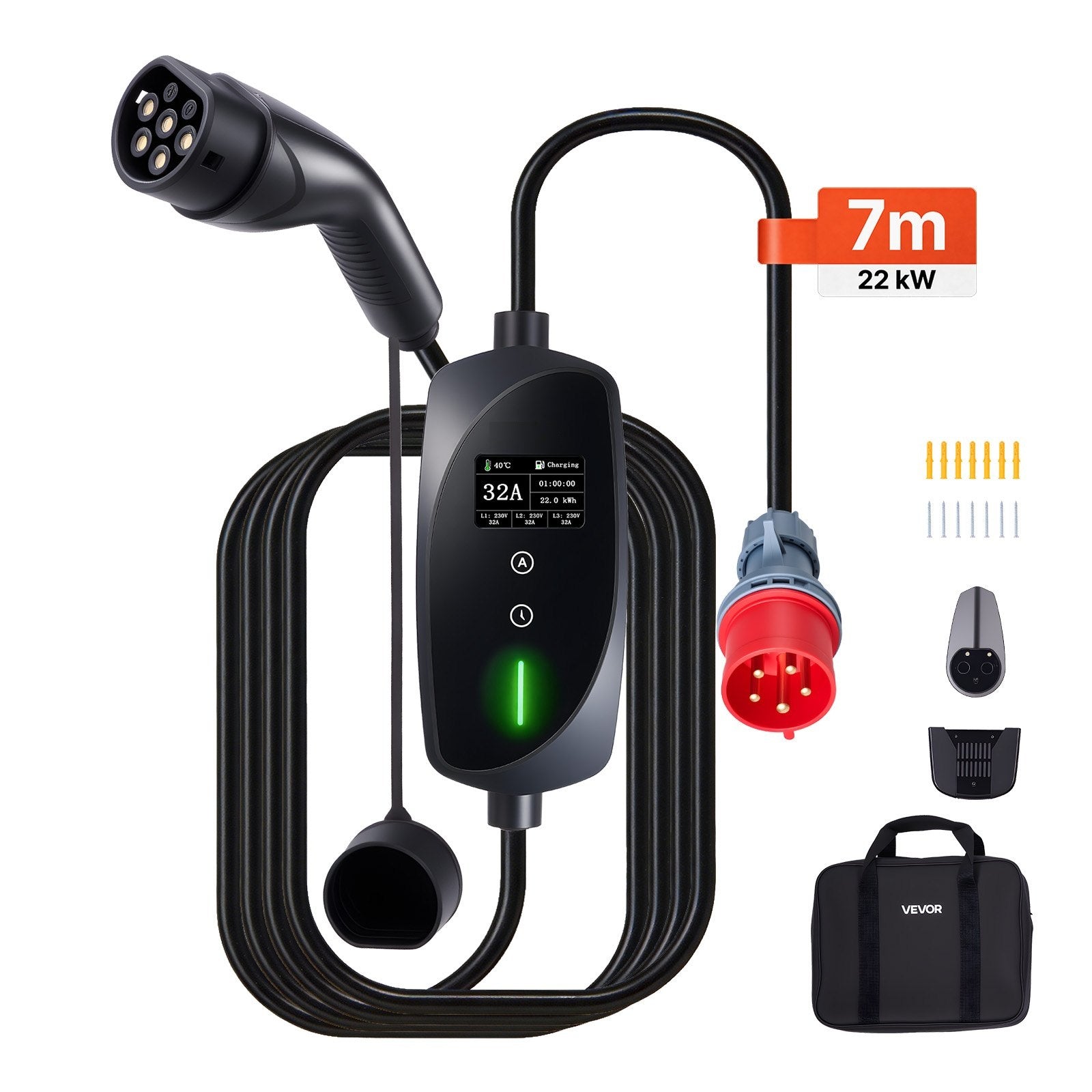 Statie incarcare masini electrice 22 kW 32A, incarcator portabil EV tip 2, incarcator auto trifazat pentru vehicule electrice cu cablu de incarcare de