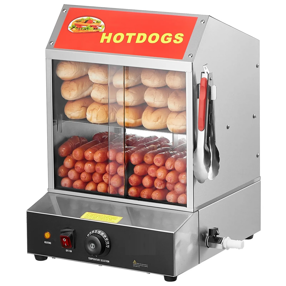 Steamer Profesional Hot Dog 27L cu 2 Niveluri, Încălzitor Chifle și Uși Glisante din Sticlă, 1200W