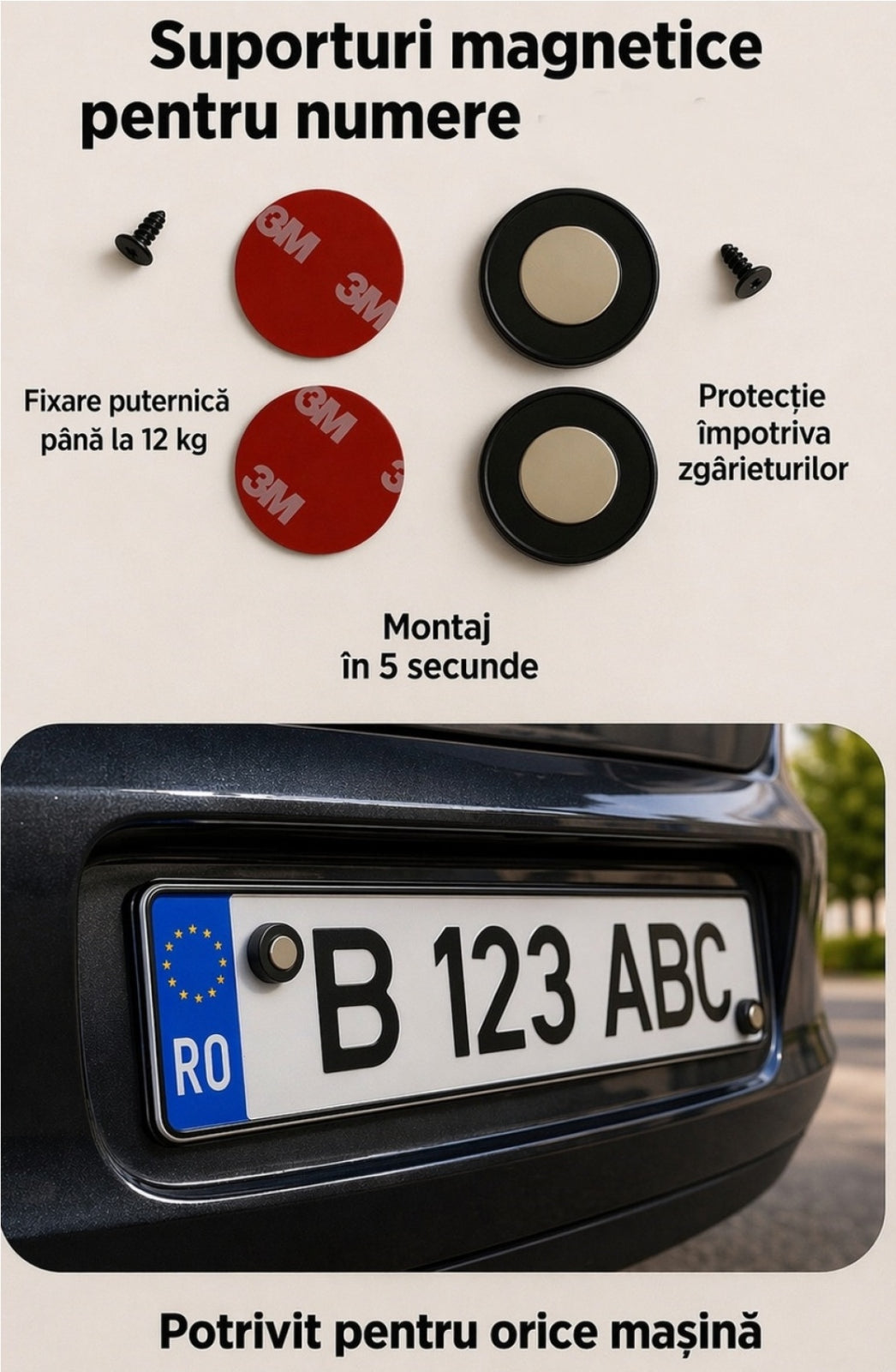 Suport numar auto magnetic fara gaurire - montaj rapid universal