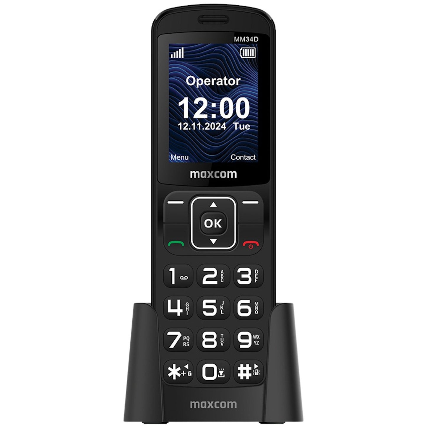 <img src="maxcom-comfort-mm34d-4g-black.jpg"      alt="MaxCom Comfort MM34D 4G – telefon seniori cu taste mari şi ecran 2.4″"      title="MaxCom Comfort MM34D 4G – telefon simplu seniori, tastatură mare, 4G">