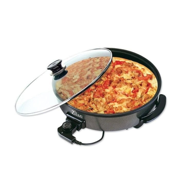 Tigaie Electrică Pizza  Grill Zilan ZLN7870 38cm 1500W - Non-Stick, Termostat Reglabil, Capac Sticlă