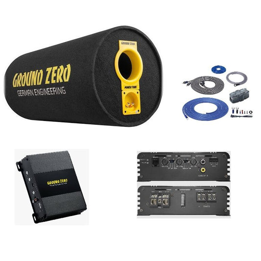 Tub de bas cu amplificator si cablaj, subwoofer cu amplificator 1300w max, Ground Zero