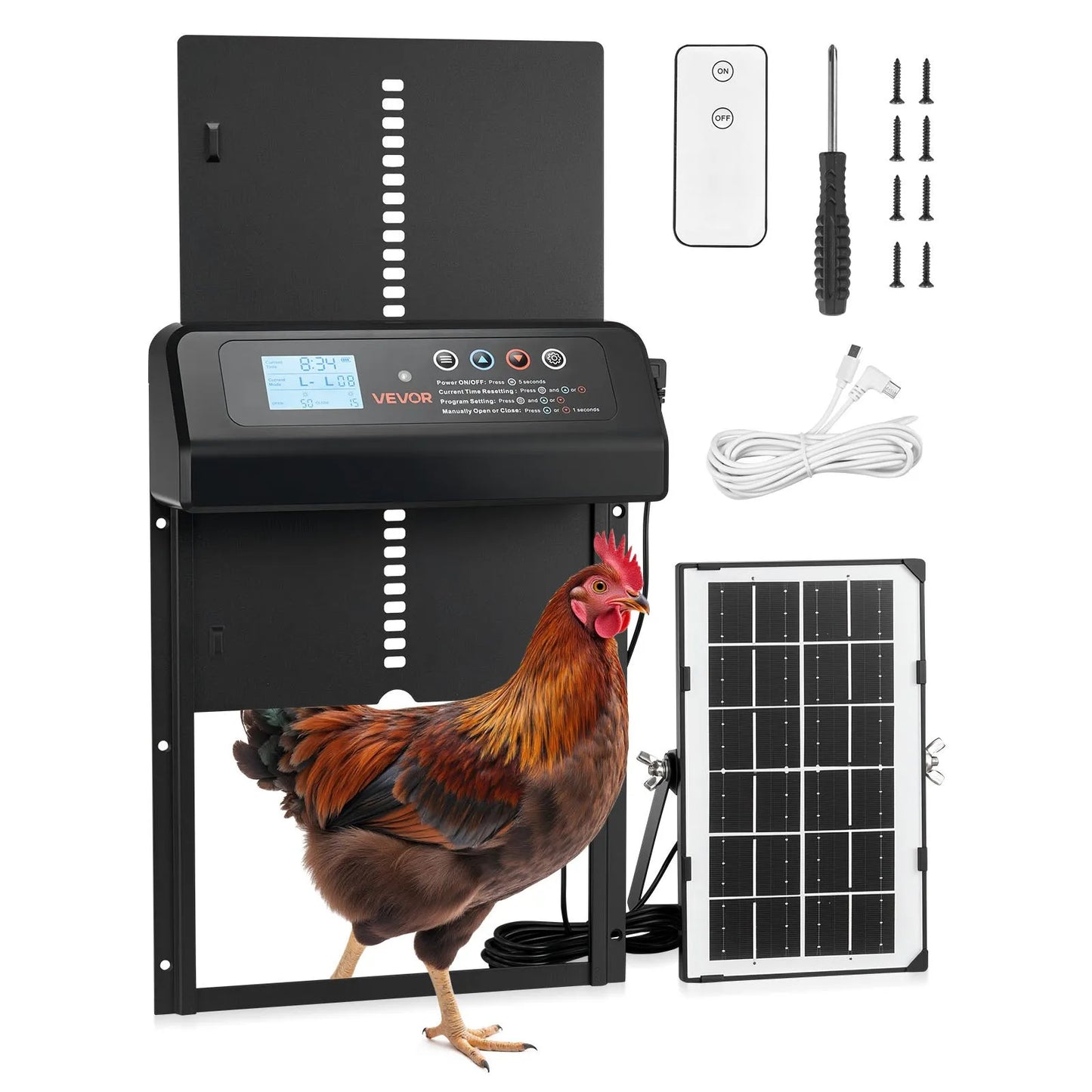 Usa automata pentru cotet de gaini , usa pentru cotet de gaini alimentata cu energie solara si baterii, cu afisaj LCD, telecomanda, senzor de lumina