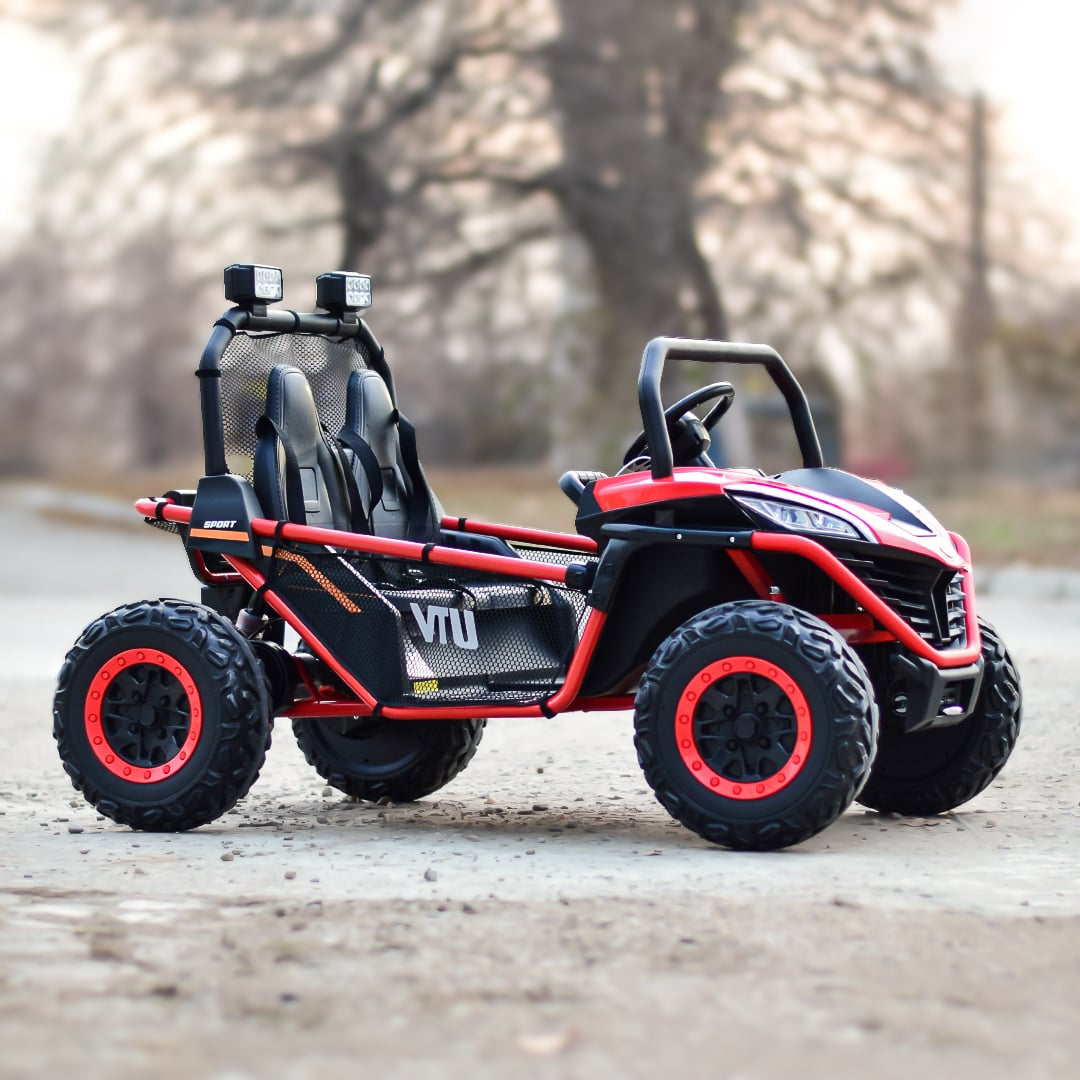 UTV electric copii 2 locuri 24V 300W, roti EVA, telecomanda, scaun piele, buggy electric rosu, atv copii,