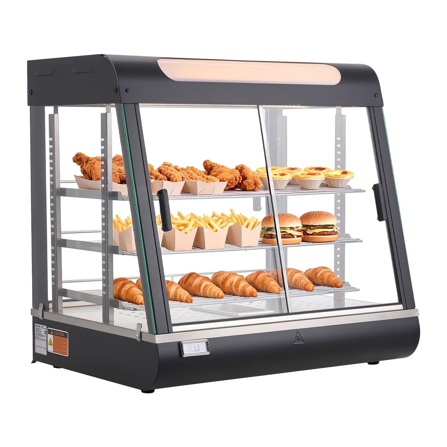 Vitrină Caldă Profesională 100L cu 3 Rafturi, Iluminare LED și Încălzire cu Abur 1200W pentru Pizza, Hamburgeri și Produse de Patiserie