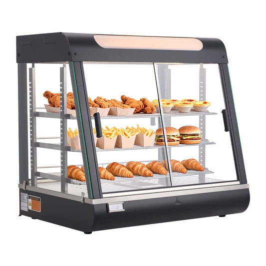 Vitrină Caldă Profesională 100L cu 3 Rafturi, Iluminare LED și Încălzire cu Abur 1200W pentru Pizza, Hamburgeri și Produse de Patiserie